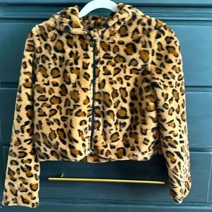 Leopard cropped zip up coat with ears on hood